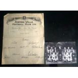 ASTON VILLA 1943/4 PRINTED AUTOGRAPH SHEET & REPRODUCED TEAM PHOTO WITH THE WAR CUP