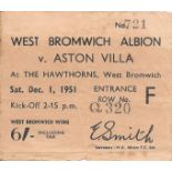 1951-52 WEST BROMWICH ALBION V ASTON VILLA TICKET