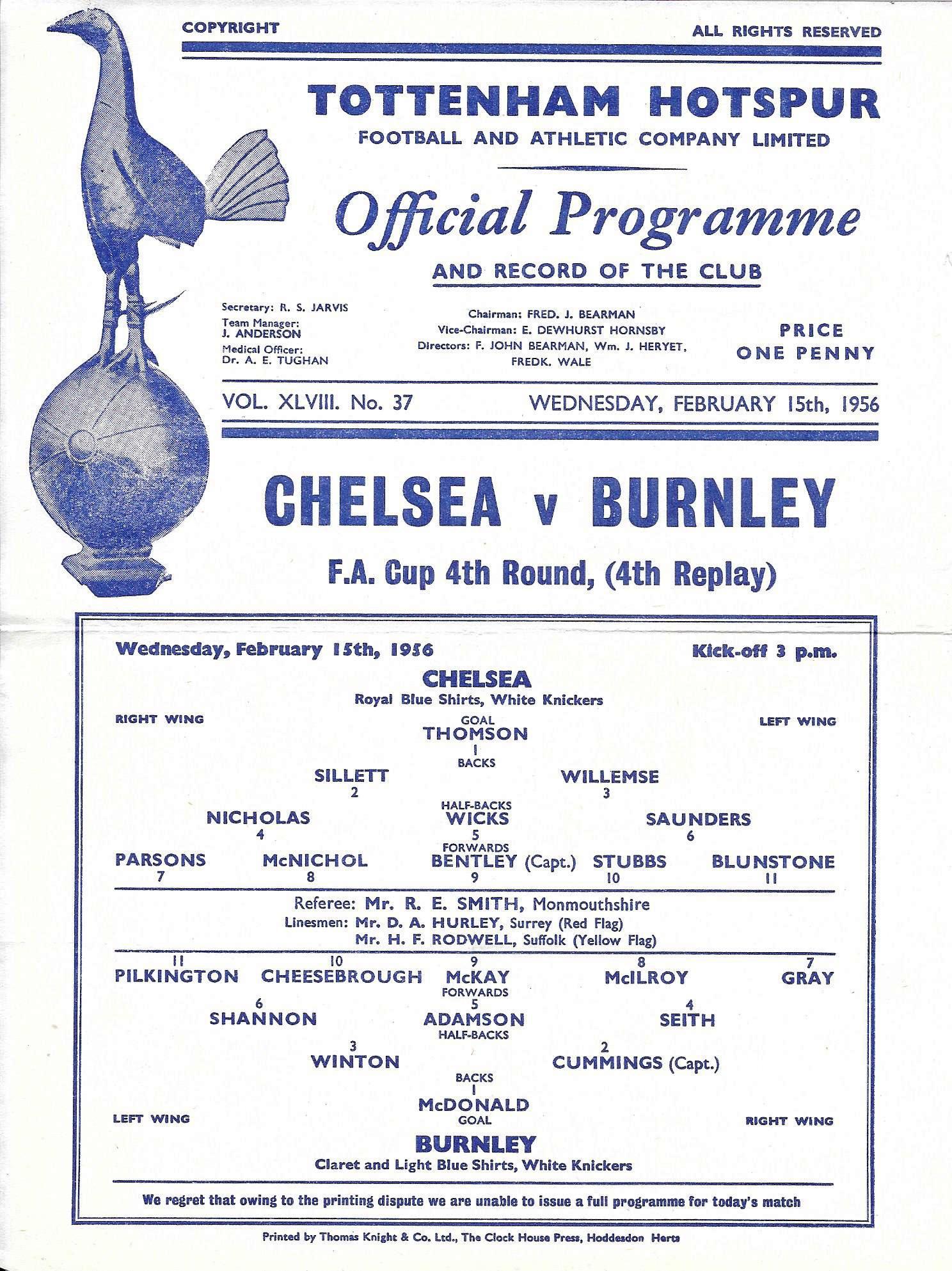 1955-56 AT TOTTENHAM HOTSPUR - BURNLEY V CHELSEA FA CUP 4TH ROUND 4TH REPLAY