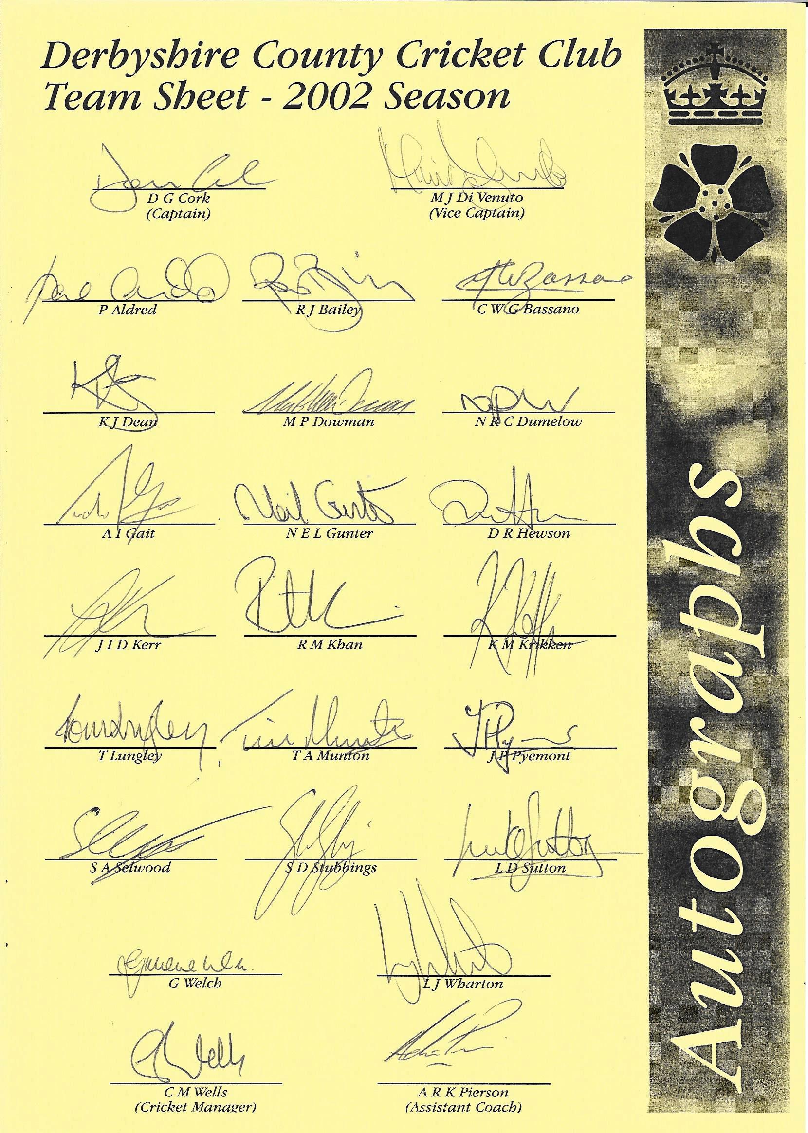 CRICKET - 2002 SEASON DERBYSHIRE AUTOGRAPH SHEET