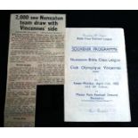 1955 PLAYED AT NUNEATON BOROUGH . NUNEATON BIBLE V OLYMPIQUE VINCEMES PROGRAMME & MATCH REPORT