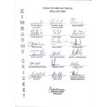 CRICKET - 2003 ZIMBABWE ONE DAY SQUAD TOUR TO ENGLAND AUTOGRAPH SHEET 19 Original signatures in