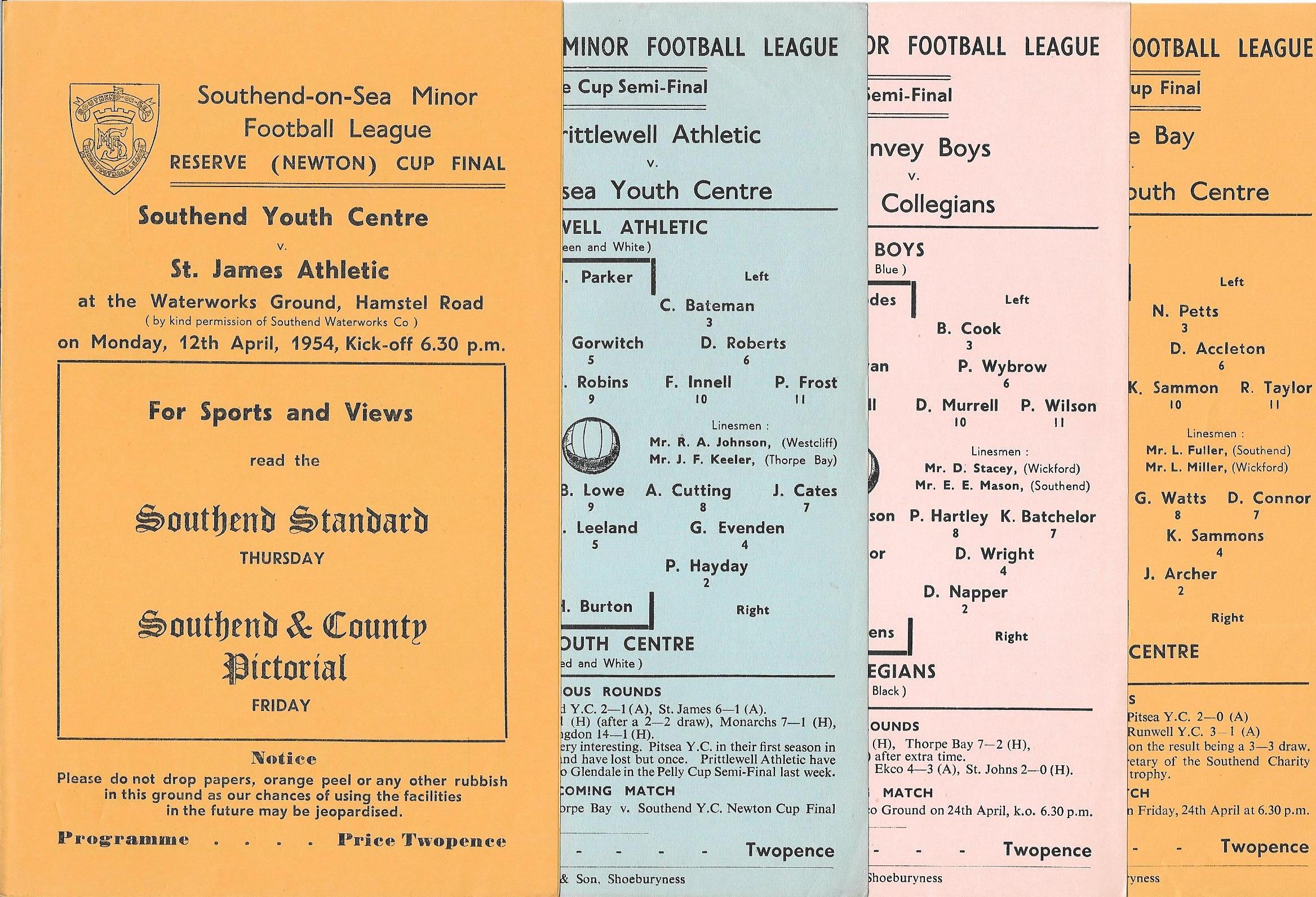 SOUTHEND MINOR LGE CUP FINALS / SEMI-FINALS EARLY 1950'S PROGRAMMES X 4