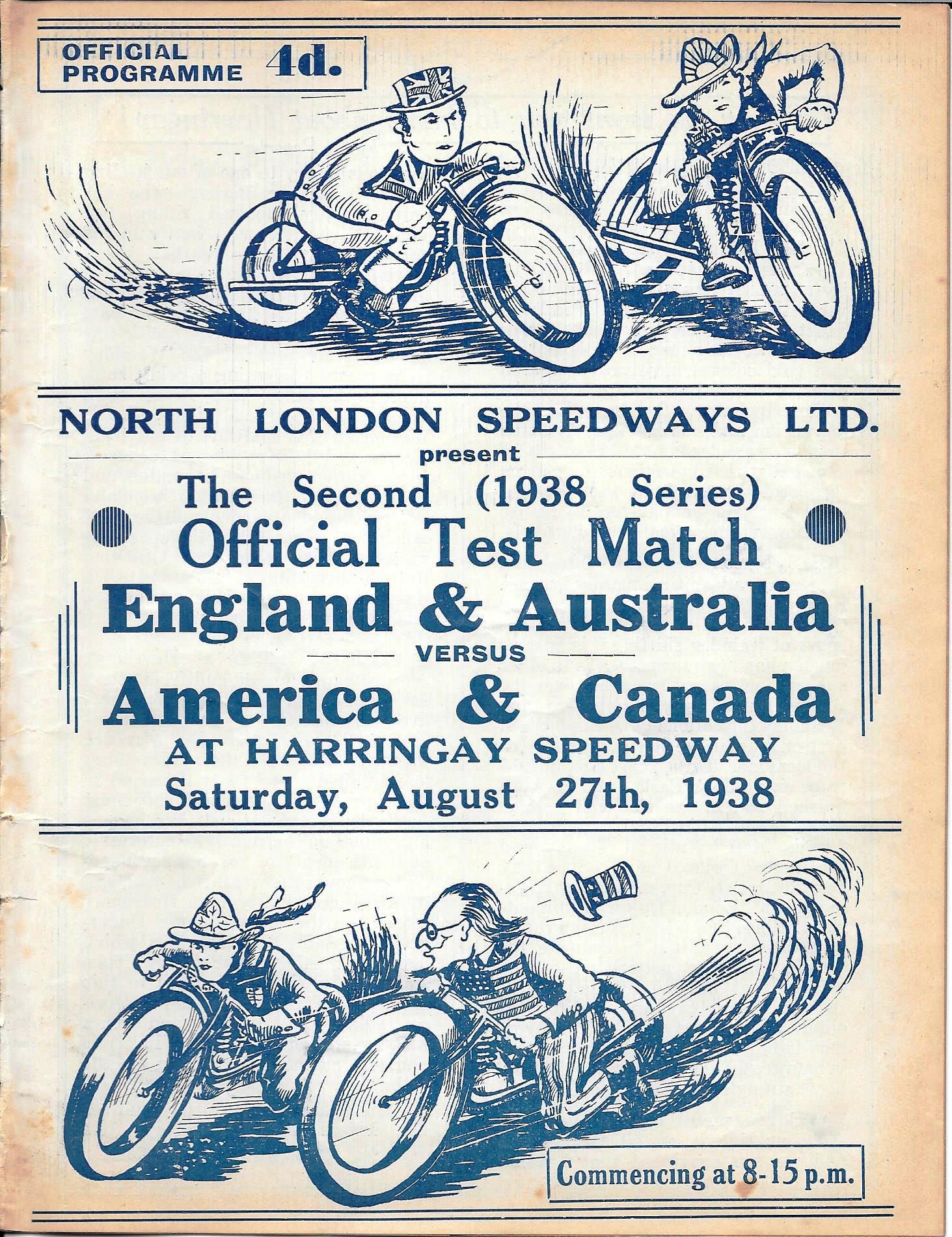 SPEEDWAY - 1938 ENGLAND & AUSTRALIA V AMERICA & CANADA AT HARRINGAY