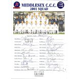 CRICKET - 2001 SEASON MIDDLESEX AUTOGRAPH SHEET