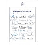 CRICKET - ENGLAND 1994 WEST INDIES TOUR AUTOGRAPH SHEET 21 Original signatures in pen