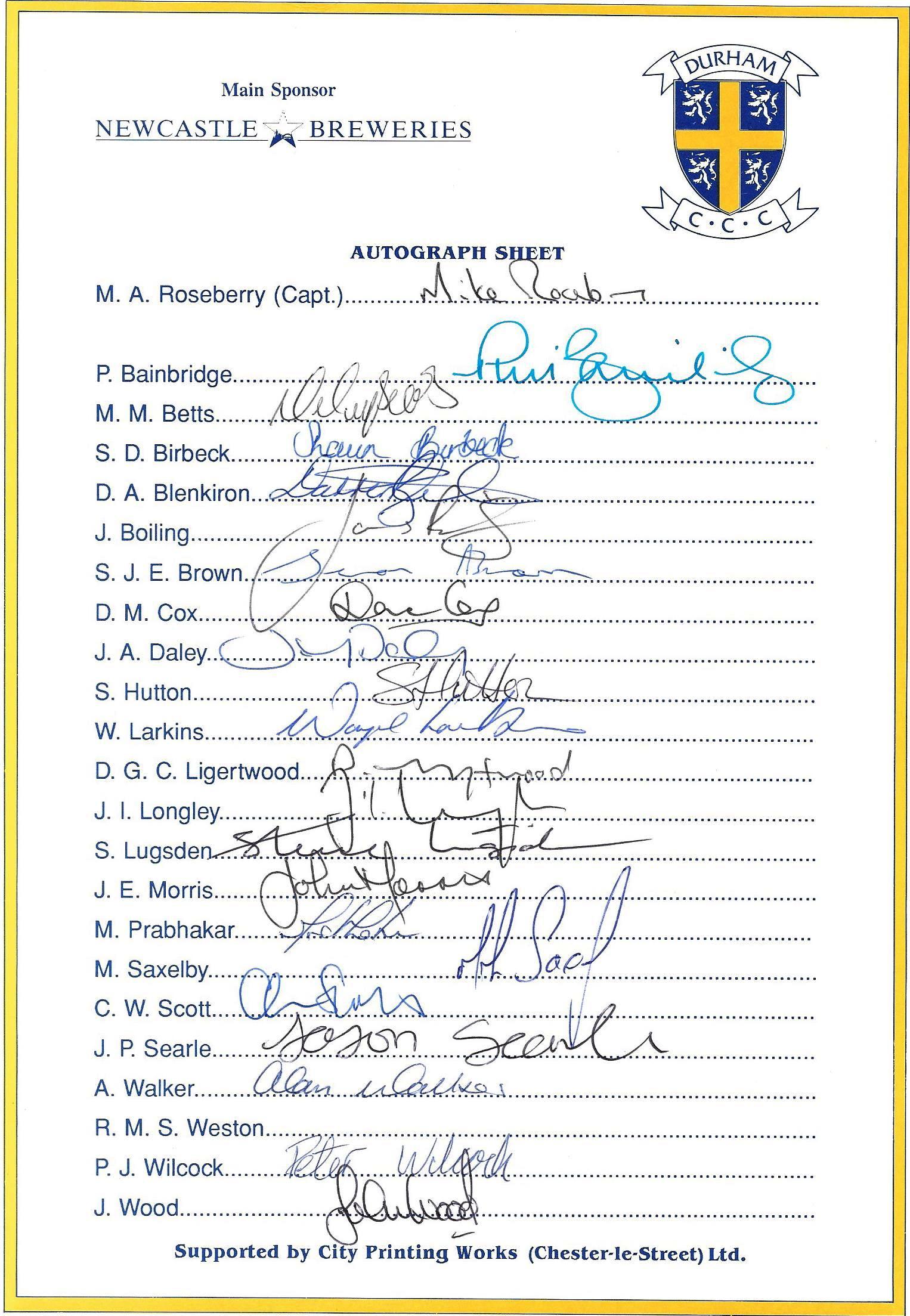 CRICKET - 1990'S DURHAM AUTOGRAPH SHEET 22 Original signatures in pen