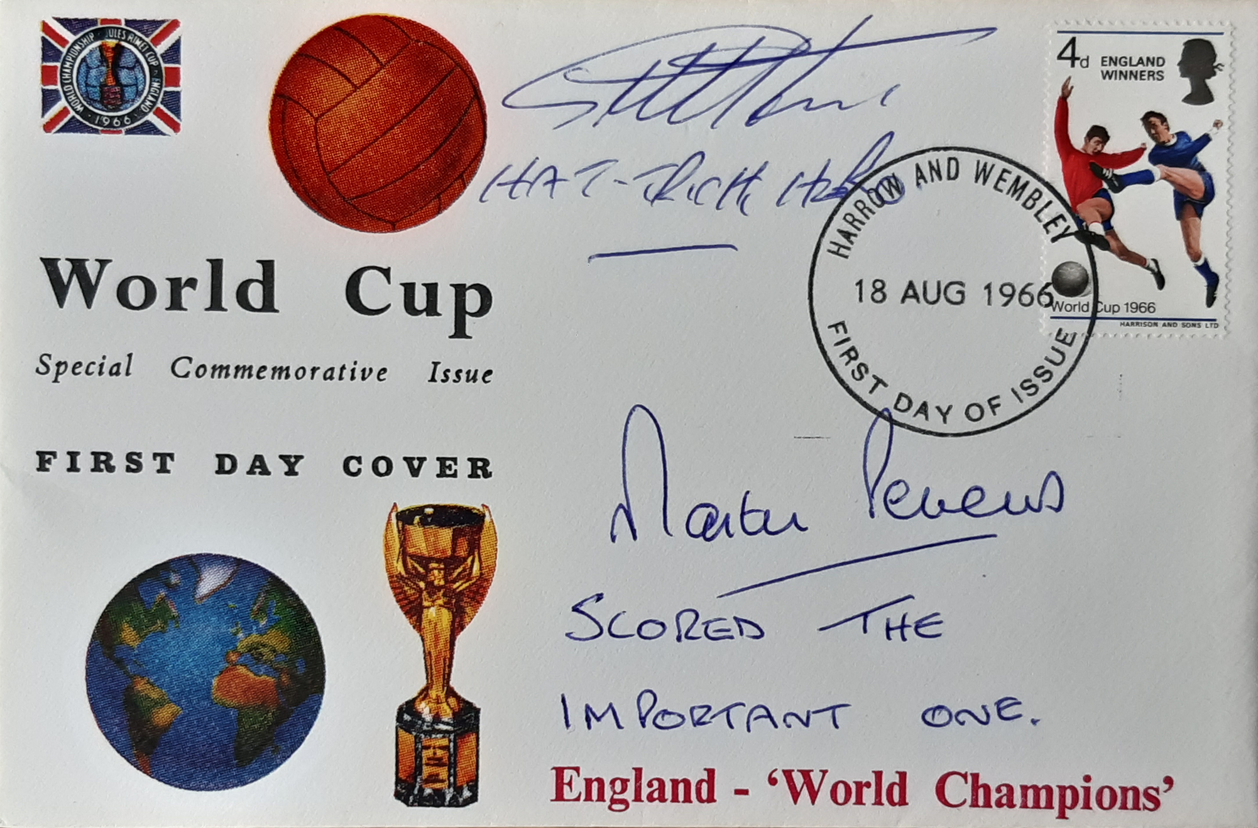 ENGLAND 1966 WORLD CUP POSTAL COVER AUTOGRAPHED BY GEOFF HURST & MARTIN PETERS