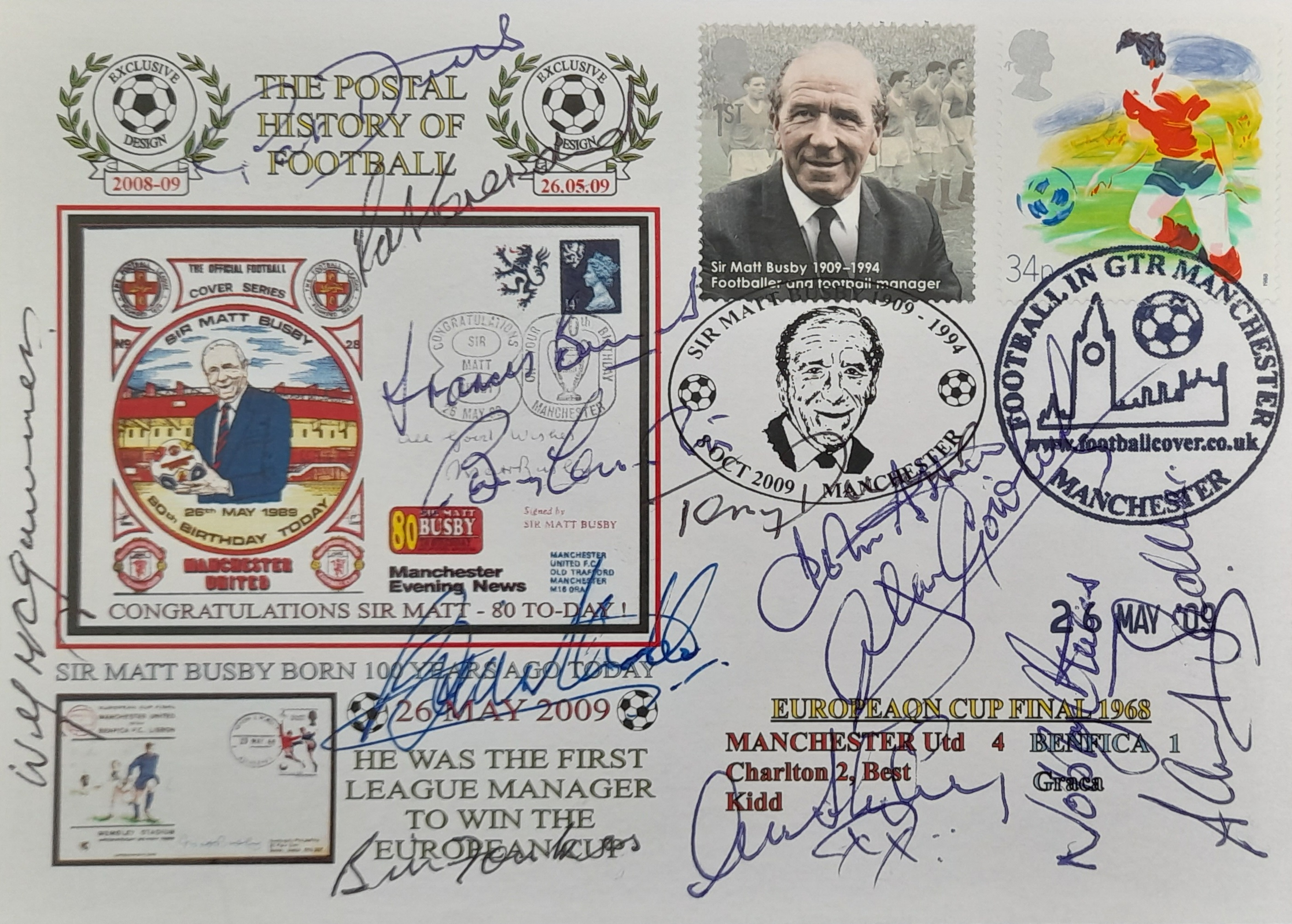 MANCHESTER UNITED LIMITED EDITION MULTI SIGNED MATT BUSBY POSTAL COVER