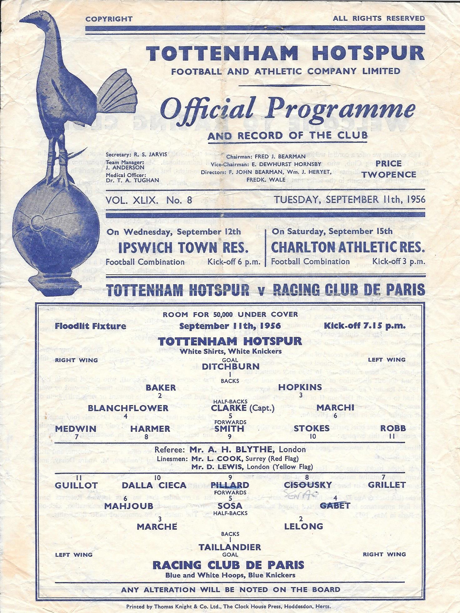 1956 TOTTENHAM HOTSPUR V RACING CLUB DE PARIS PROGRAMME & NEWSPAPER REPORT