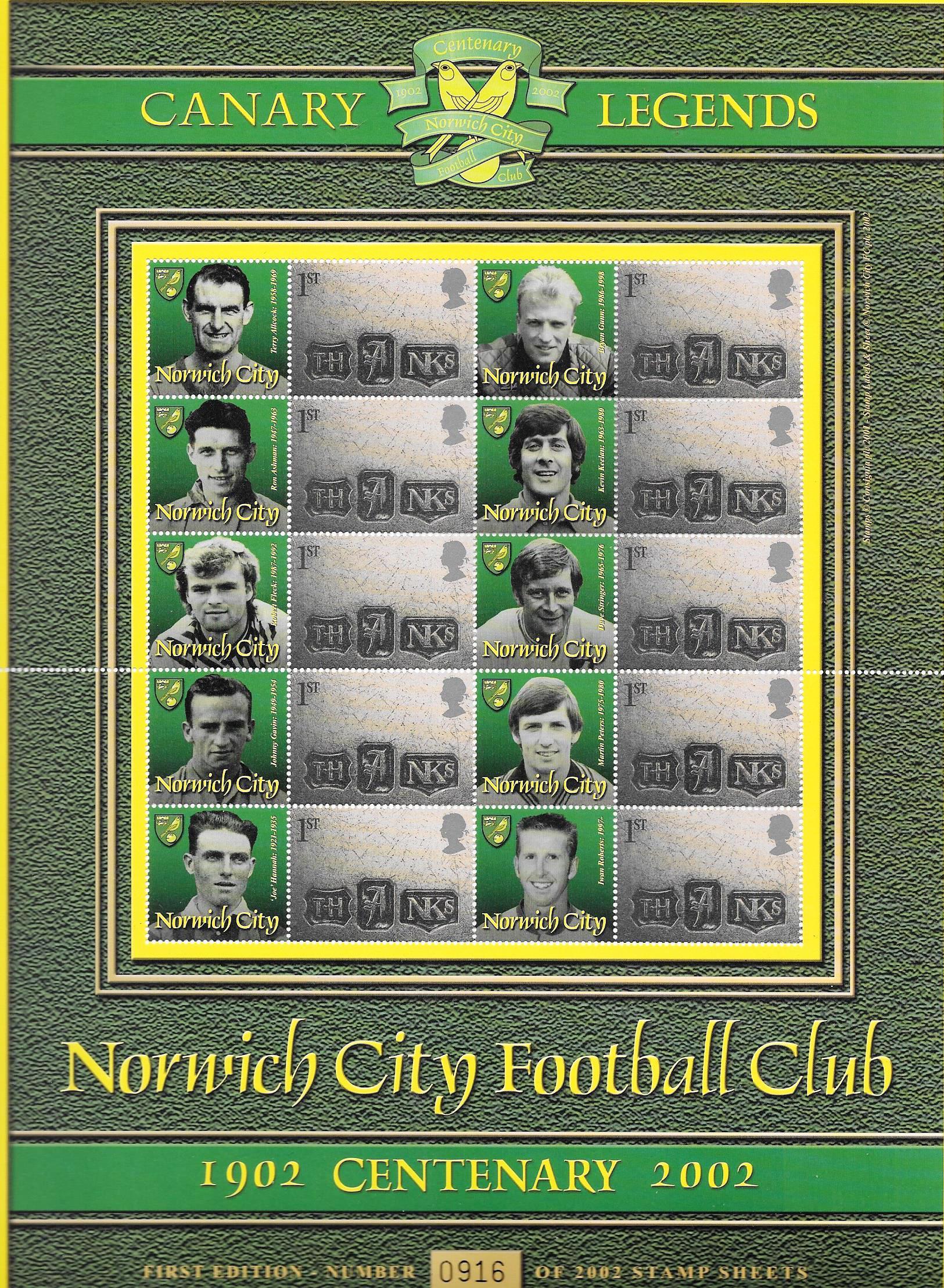 NORWICH CITY LIMITED EDITION STAMP SET Number 916 of 2,002 issued 10 1st class stamps value = £9.50