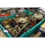 Box of brassware, spirit kettle, vases,