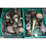 Two boxes of plated ware, epergne, hot water jugs,