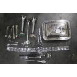 Silver plated entree dish, selection of silver plated cutlery, ladle, spill vases,