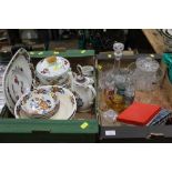 Two boxes of glassware and floral part dinner service