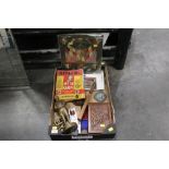 Box of military items, First World War woolwork photo frame, Royal Artillery wooden box, dagger,