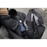 Box of motorbike jackets and trousers (2 of each) and a Firetrap quilted coat,