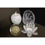 Four glass ornaments - heron paperweight etc