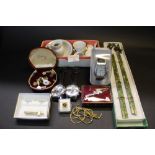 Box of mixed sundries - green chopsticks, wristwatch,