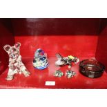 Seated glass bear ornament, Mdina glass bird paperweight, cloisonne crocodile, etc.