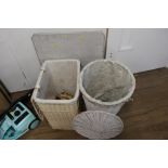 Two wicker linen baskets and folding table