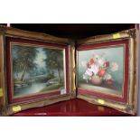 Two gilt framed oil paintings on board of woodland scene and still life