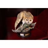 Royal Doulton 1989 barn owl seated on wooden plinth with plaque