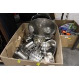 Box of plated ware and stainless steel, teapots, trays,