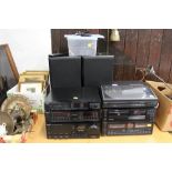 Technics stacking system with speakers and remote control, turntable, compact disc player,