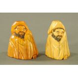 A pair of Russian carved mammoth tooth figures, male figures sleeping. Height 7 cm.