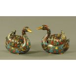 A pair of 19th century cloisonne enamel swan censors. Height 20 cm, length 24 cm.