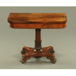 A Regency/William IV rosewood turnover top card table, with moulded edge turned centre column,