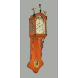 A Dutch oak cased wall clock, with arched painted dial with moonphase. Height 131 cm, width 37 cm.