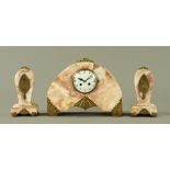 An Art Deco marble cased clock garniture,