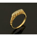 A 14 ct gold five stone diamond ring, Size P/Q, 3 grams.