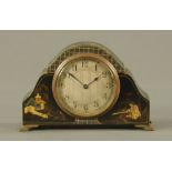 A Buren chinoiserie mantle clock, with silvered dial and single train movement. Width 19.5 cm.
