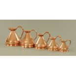 A graduated matched set of five Victorian measures, from one gallon to pint. Tallest 30 cm.