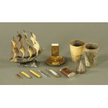 Two horn beakers, a horn boat and a vintage matchbox holder, together with a rosewood snuff box,