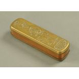 An antique Dutch brass tobacco box, relief moulded with Fredericus Magnus. Length 15.5 cm.