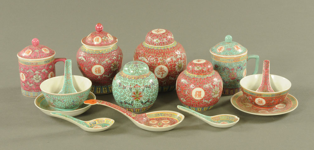 A collection of Chinese porcelain, including lidded vessels, ginger jars, spoons, plates, bowls etc.