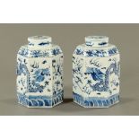 A pair of 19th century Chinese blue and white hexagonal lidded jars,