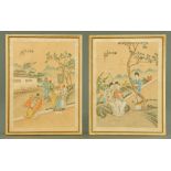 A pair of Chinese paintings on silk, figures in landscapes. 39 cm x 29 cm.
