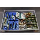 Sixty assorted lures including Fish Zone, Bison, Magnet, Just Pike etc.