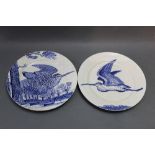 A set of four The Pottery Galleries John Mortlock London, blue and white plates depicting birds,