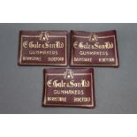 E Gale & Son Ltd Gunmakers Barnstaple, Bidford, three leatherette gun case trade labels, 10 x 12.