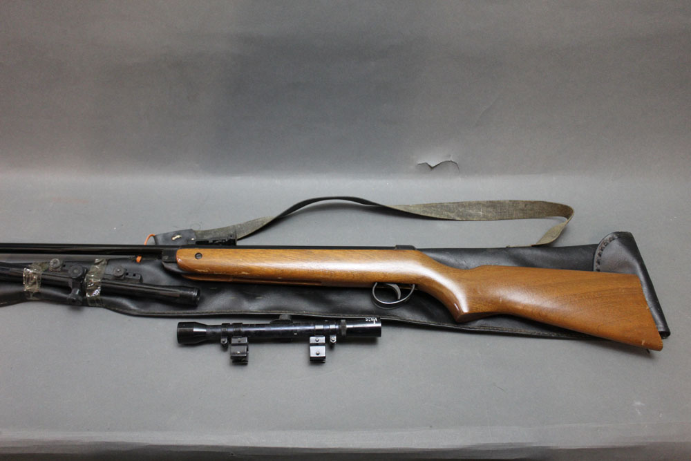 A BSA Meteor cal 22 break barrel air rifle, comes with two scopes and a bag. Serial No. TG41851.