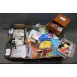 A box with fly tying flies, tools, various threads, hooks, feathers, furs etc.