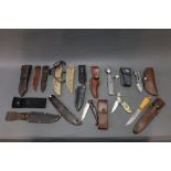 Five folding and fixed blade pocket knives, multi tools etc,