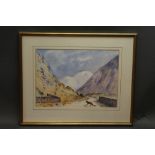 Syd Bruce a watercolour, depicting a fox on a Lakeland pass. 25 x 36 cm, framed and mounted.