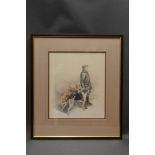 Judi Kent Pyrah, a watercolour gouache of a gentleman with foxhounds, 30 x 26 cm,